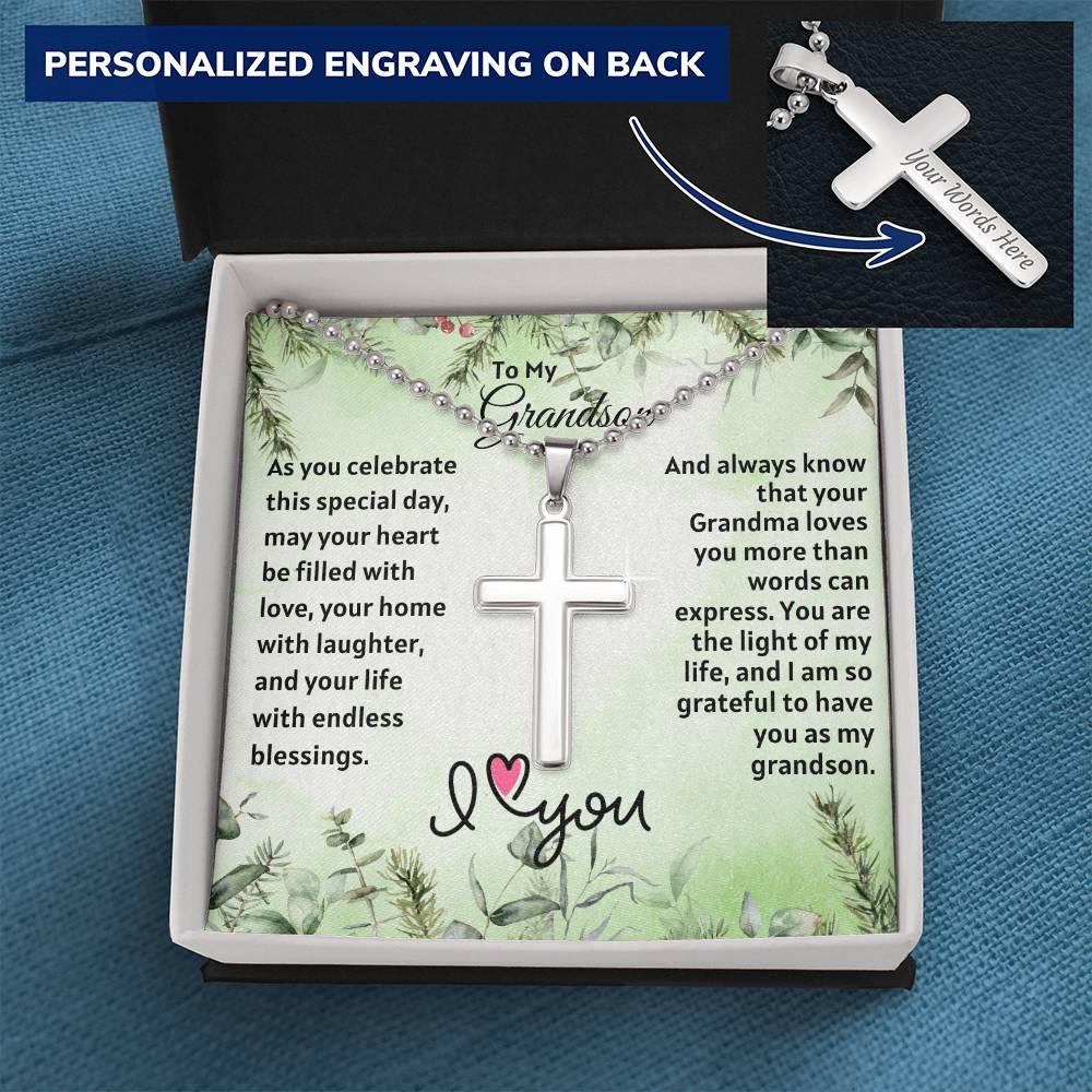 Christmas Gift For Grandson : Steel Cross Necklace on Cuban Chain w/ MC