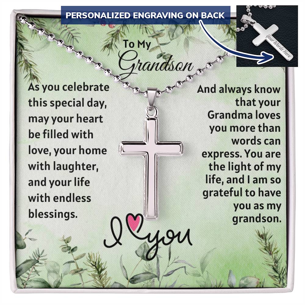 Christmas Gift For Grandson : Steel Cross Necklace on Cuban Chain w/ MC