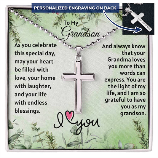 Christmas Gift For Grandson : Steel Cross Necklace on Cuban Chain w/ MC