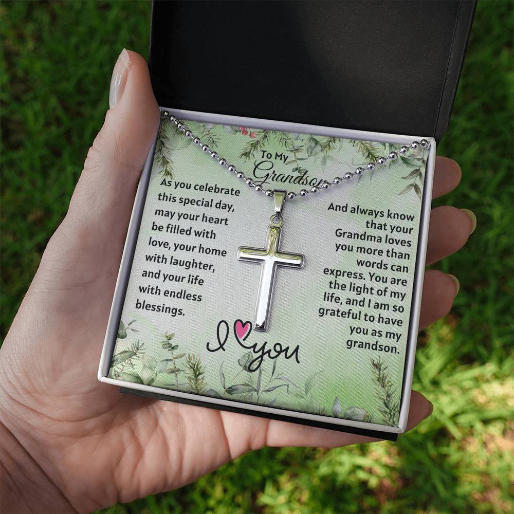 Christmas Gift For Grandson : Steel Cross Necklace on Cuban Chain w/ MC