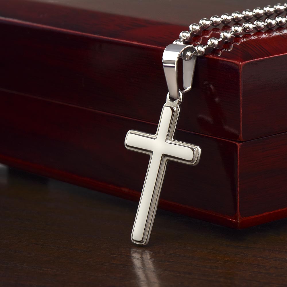 Christmas Gift For Grandson : Steel Cross Necklace on Cuban Chain w/ MC
