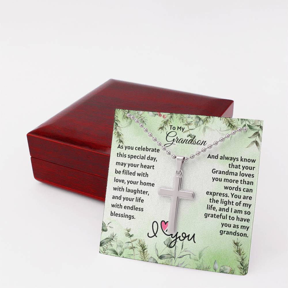 Christmas Gift For Grandson : Steel Cross Necklace on Cuban Chain w/ MC