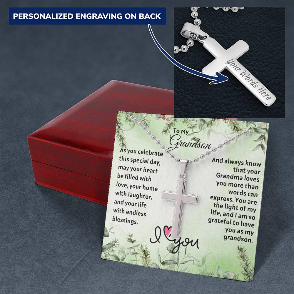 Christmas Gift For Grandson : Steel Cross Necklace on Cuban Chain w/ MC