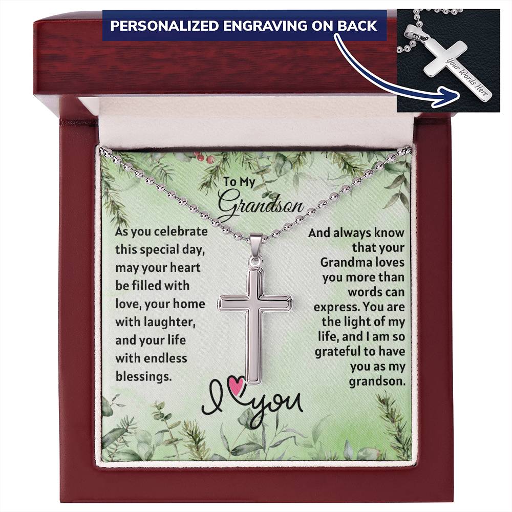 Christmas Gift For Grandson : Steel Cross Necklace on Cuban Chain w/ MC