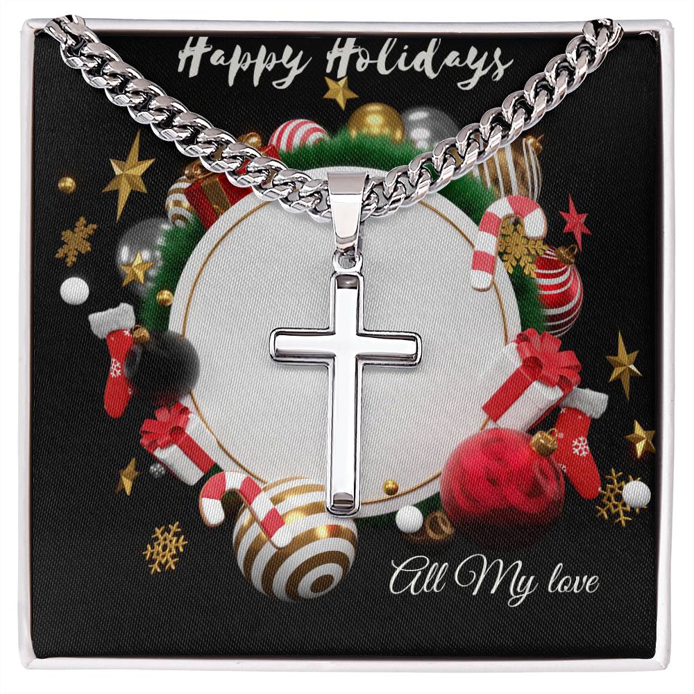 Christmas Artisan Cross Necklace on Cuban Chain