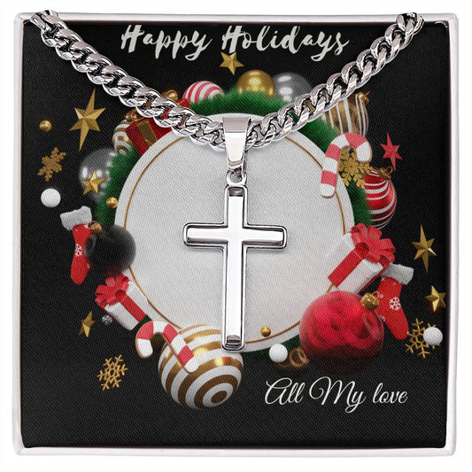 Christmas Artisan Cross Necklace on Cuban Chain