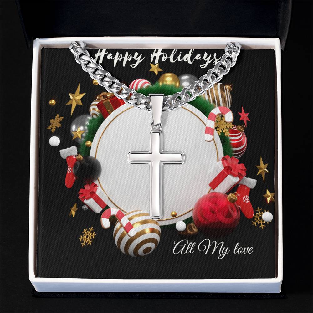 Christmas Artisan Cross Necklace on Cuban Chain