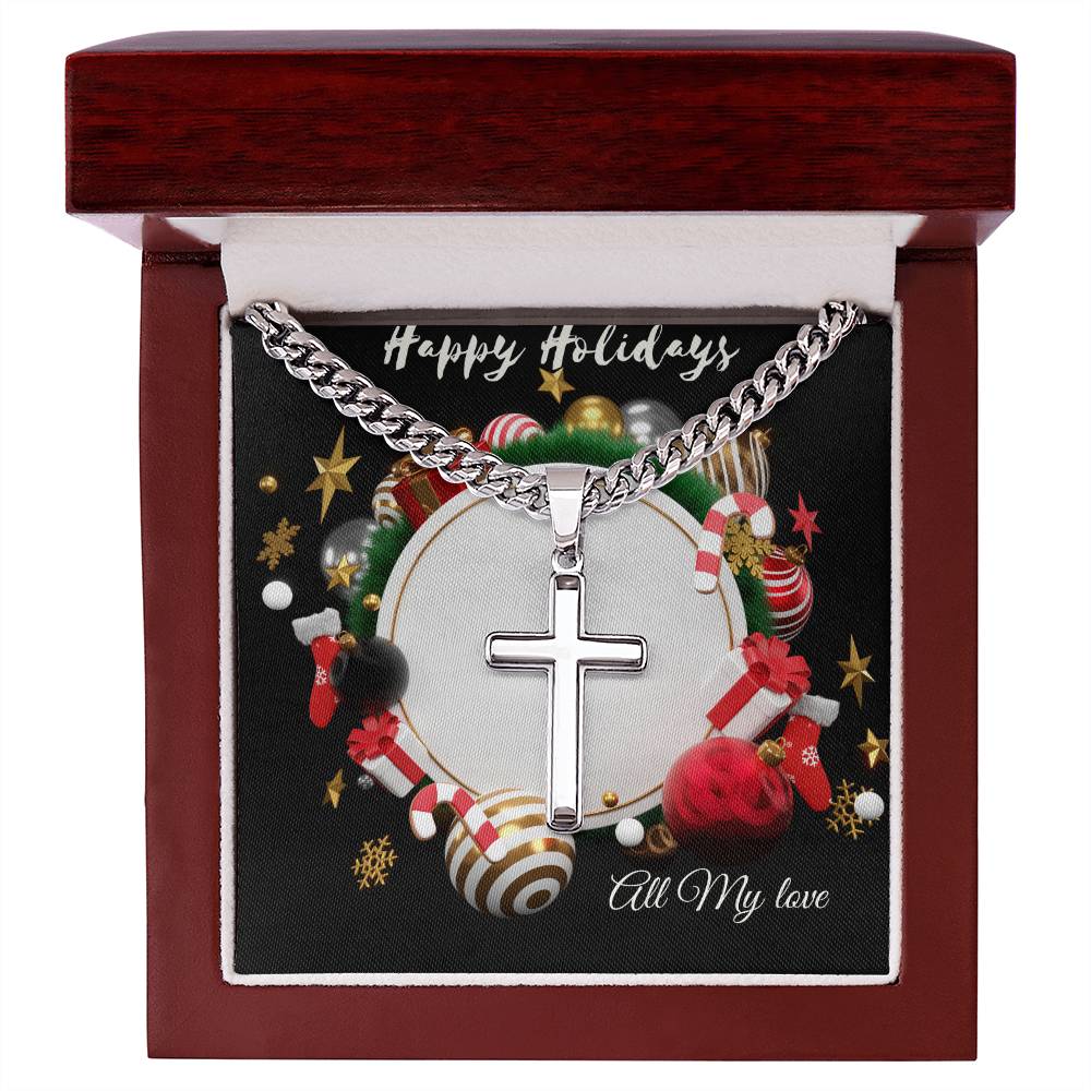 Christmas Artisan Cross Necklace on Cuban Chain