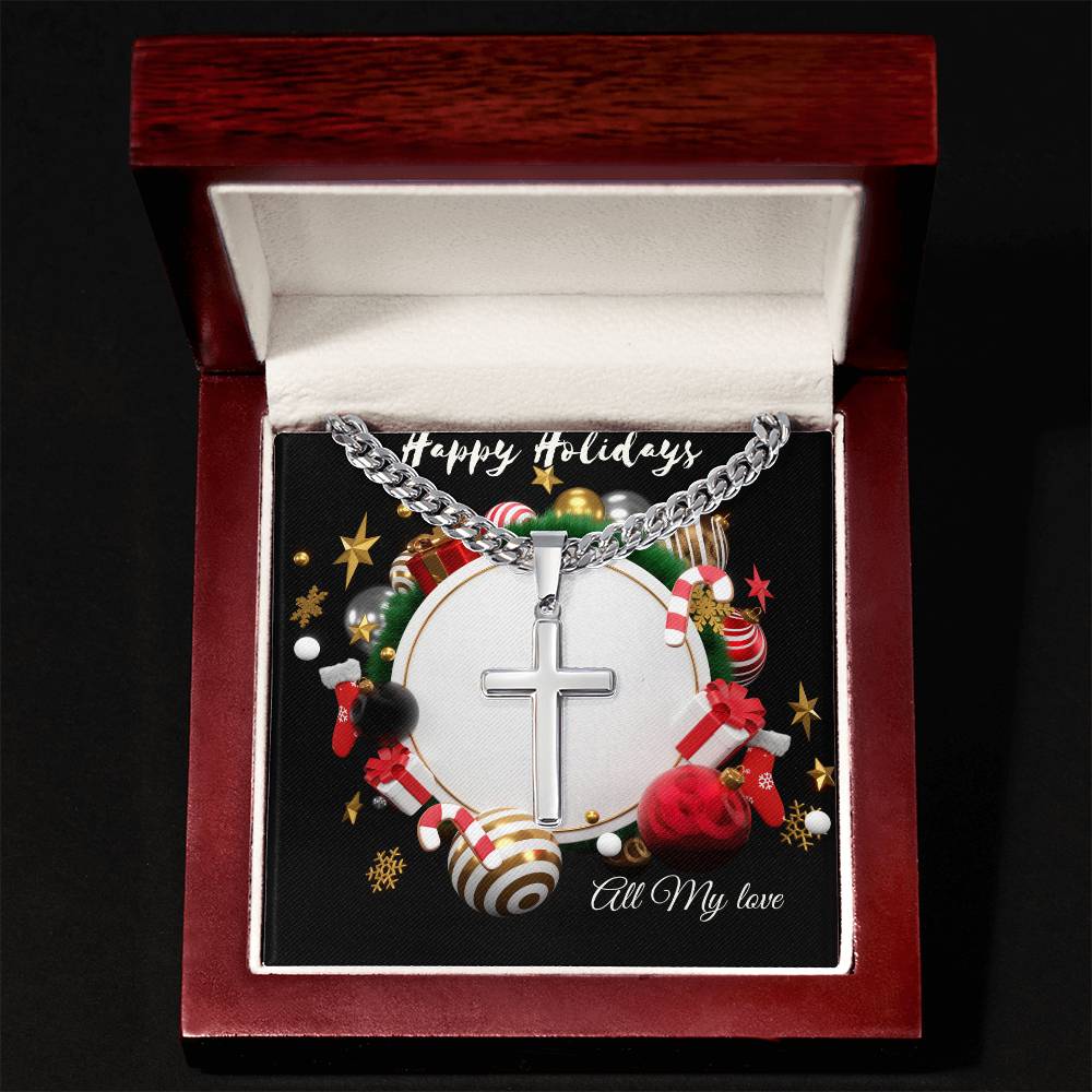 Christmas Artisan Cross Necklace on Cuban Chain