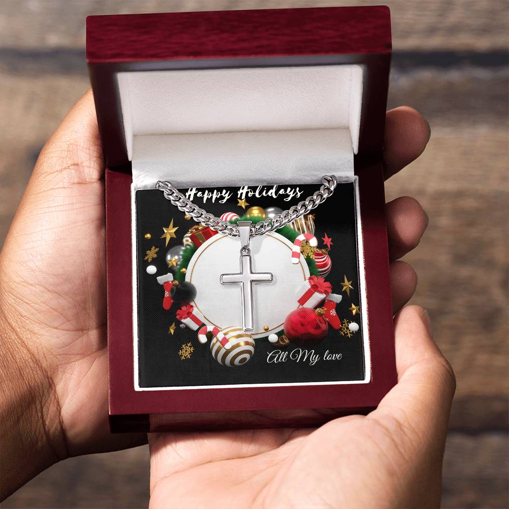 Christmas Artisan Cross Necklace on Cuban Chain