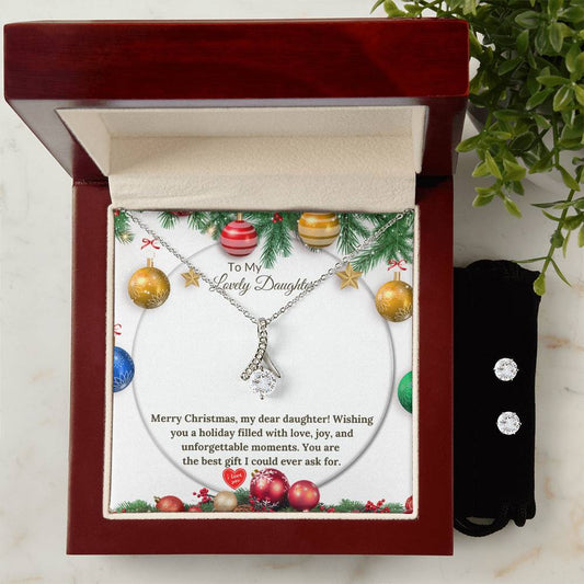 Alluring Christmas Necklace + Clear CZ Earrings for a Loving Daughter